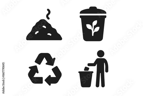 Waste Management Icons Set, Solid Filled Vector Illustrations of Landfill, Compost Bin, Recycling Arrows, Waste Segregation, Environmental Protection Symbols on Transparent Background