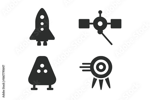 Spacecraft solid glyph icon set for science and technology. Vector collection of space mission symbols, including rocket, satellite, probe, landing capsule, and ion thruster.