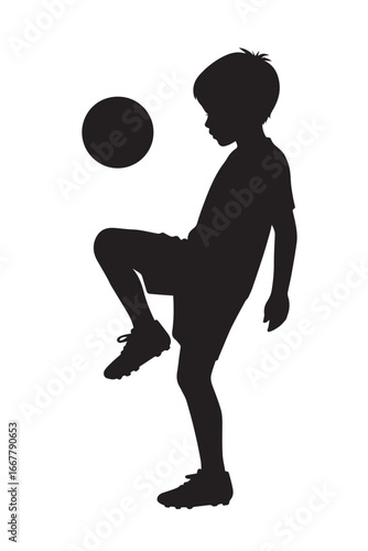 Silhouette of a Child Juggling a Soccer Ball, Football Trick, Kids Sports Illustration
