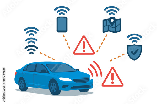 Wireless Technology in Automotive Industry Showcasing Smart Connected Features, GPS Navigation, Safety Alerts, Digital Security, and Mobile Integration Vector Illustration
