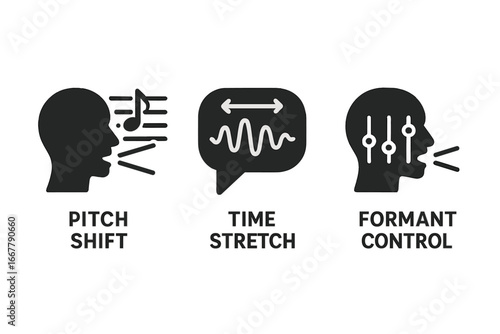 Voice Modulation Icons Set, Solid Filled Vector Illustration of Voice Effects Techniques with Pitch Shift, Time Stretch, and Formant Control on Transparent Background