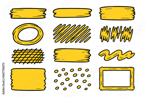 Yellow Brush Strokes Collection on White Background, Artistic Vector Elements, Various Drawing Styles and Textures for Design, Illustration, Creative Projects, Cartoon Style