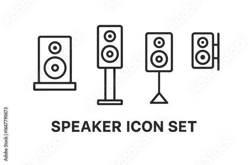 Speaker icon set for audio equipment. Line icons showing speaker placement solutions: bookshelf, floor-standing, on a stand, and wall-mounted. Vector for hifi and home cinema systems.