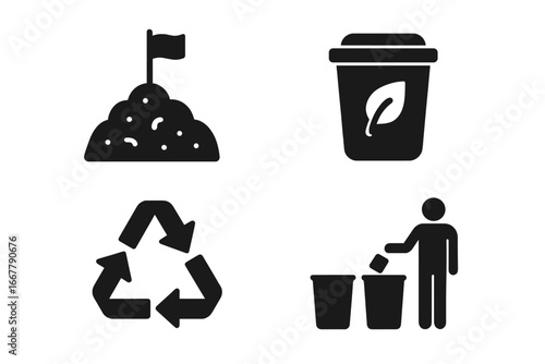 Waste Management Icons Set. Solid Filled Vector Illustrations of Landfill, Compost Bin, Recycling Arrows, Waste Segregation, Sustainable Environment, Eco-Friendly Waste Disposal