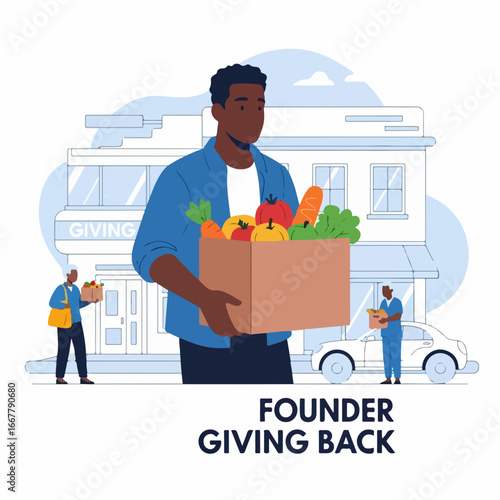 Man carrying food donation box outside a giving center for community support