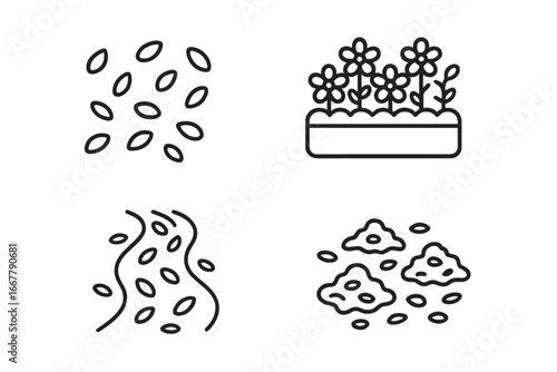 Flower petal icon collection. Outline vector icon set of 4 garden elements. Includes flower bed, scattered petals, floral path and seeds. Minimalist line art for nature design.