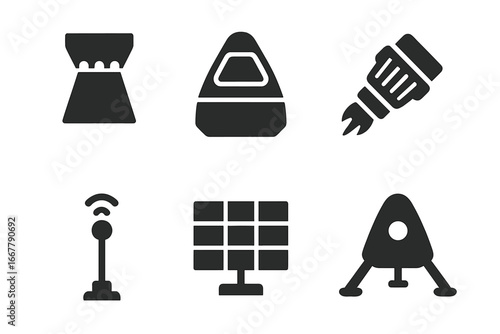 Spaceship parts solid icon set. Vector glyph collection of rocket components. Space exploration elements like engine, cockpit, thruster, antenna, solar panel, and lander.