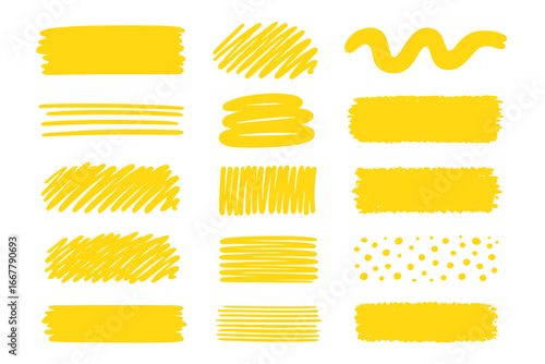 Yellow Brush Strokes on White Background Displaying Various Artistic Textures and Drawing Styles for Creative Design and Illustration Inspiration, Vector Art