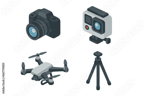 Photography gear icon set. Isometric vector icons of DSLR camera, action cam, drone and tripod. Videography and filmmaking equipment. Flat design for media production.