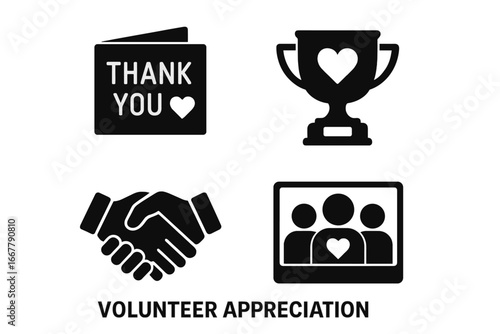 Volunteer Appreciation Icons Vector Set with Thank You Card, Trophy Award, Handshake Agreement, Group Photo Symbol, Solid Filled Design for Recognition and Support