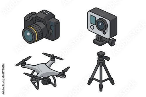 Photography gear icon set. Isometric vector illustration of professional photo and video equipment. Includes DSLR camera, action cam, quadcopter drone, and tripod for media.