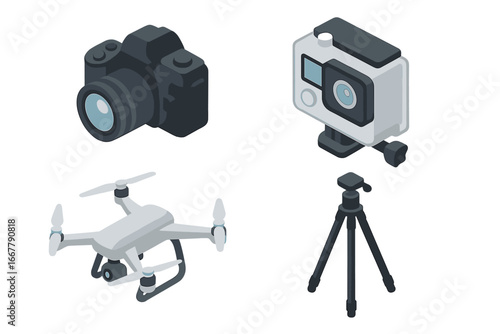 Photography gear isometric icon set. DSLR camera, action cam, drone, tripod. Videography equipment concept. Content creator tools. Vlogging, media production vector elements.