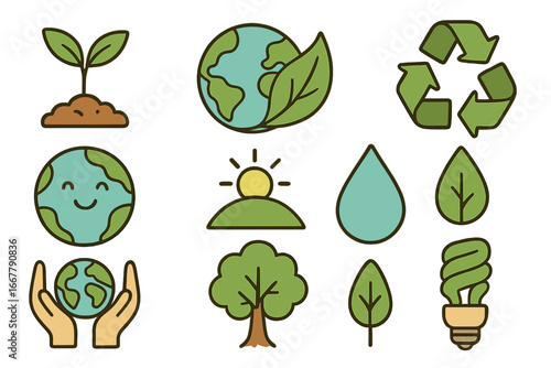 Ecology icon set. Earth Day symbols for environment and sustainability concepts. Vector illustration of planet, recycle, sprout, tree, leaf, water drop, and green energy.