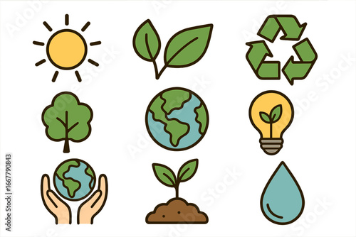 Ecology and environment icon set. Nature conservation symbols. Earth day. Green energy, recycling, sustainability concept. Planet, tree, leaf, water, sun, sprout vector icons.