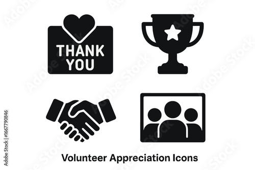 Volunteer Appreciation Icons Set, Solid Filled Vector Illustrations of Thank You Card, Trophy Award, Handshake Partnership, Group Photo Symbol for Recognition