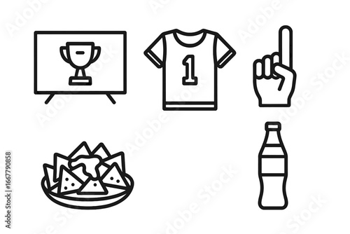 Sports party outline icon set. Game day viewing essentials. TV broadcast with trophy, fan team jersey, foam finger hand. Nachos snack and soda drink. Line art vector design.