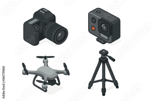 Photography and video gear isometric 3d icons. DSLR, action camera, drone and tripod set. Vlogging, media production and filmmaking equipment. Flat vector illustration.