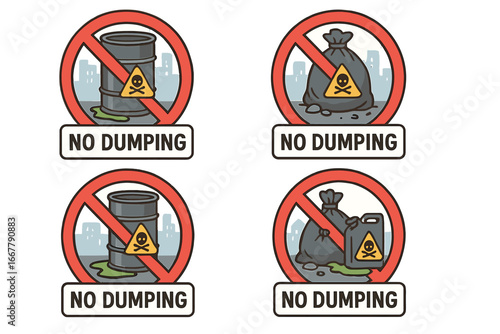 No dumping sign set. Hazardous waste disposal prohibition. Urban pollution concept. Toxic garbage icon. Stop illegal dumping. Environmental safety symbol. Warning vector set.