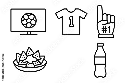 Sports party outline icons. Game day fan vector symbols. Soccer viewing party concept with TV screen, team jersey, number 1 foam finger, nachos, and soda bottle illustration.