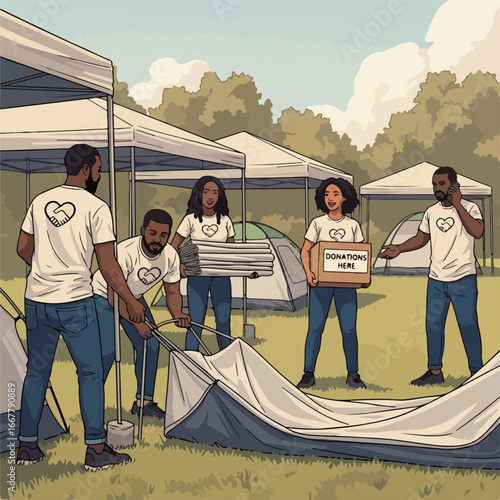 Volunteers setting up tents for a community event in a park on a sunny day