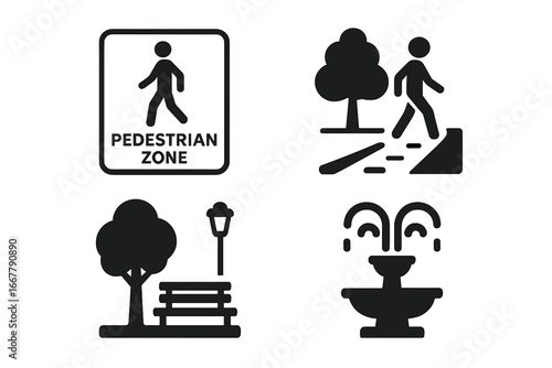 Walkable City Icons Solid Filled Vector Set of Urban Pedestrian Zone Footpath Street Bench Park Fountain Design for Walkable City Landscape Urban Lifestyle