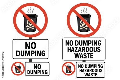No dumping hazardous waste signs. Vector icon set. Warning symbol for toxic and dangerous materials. Environmental pollution and contamination concept. Cartoon illustration.