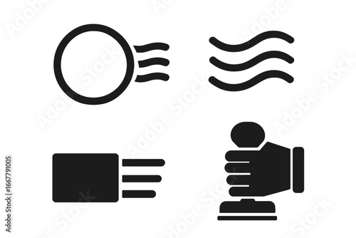 Stamp cancellation icon set. Vector glyphs of postmark types. Circular, wavy lines, machine cancel, and hand holding a rubber stamp for postal mail and correspondence concept.