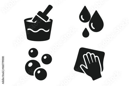Cleaning vector icons set. Housekeeping, maintenance, hygiene solid glyph symbols. Includes paint brush in bucket, water drops, soap suds, and hand wiping with a cloth wash.