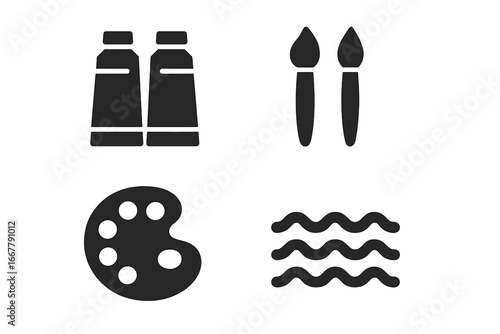Painting tools solid icon set. Art supplies glyph collection. Vector illustration of paint tube, paintbrush, artist palette and water symbol for creativity and hobby concept.