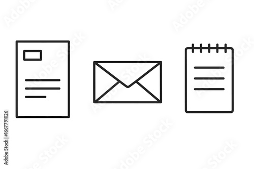 Stationery icon set for business. Outline icons for collateral like letterhead, envelope, and notepad. Vector branding identity template. Simple linear corporate graphics.