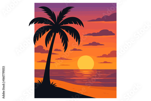 Tropical palm tree silhouette on beach at sunset. Vector illustration of a serene summer vacation paradise. Seascape with ocean, sun, and sand for travel or nature concepts.