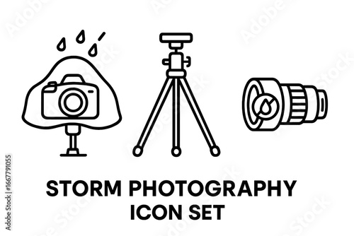Storm photography vector icon set. Outline graphic of weatherproof camera gear for extreme weather. Rain cover, sturdy tripod, waterproof lens. Adventure photography equipment.