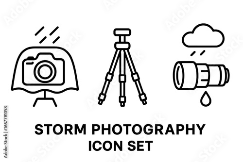 Storm photography icon set. Outline vector icons of weather photography tools. Camera with rain cover, sturdy tripod, waterproof lens. Photo gear for bad weather shooting.