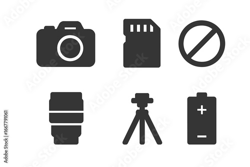 Photography equipment solid icon set. Camera, lens, tripod, battery, memory card glyphs. Photo gear, videography hardware pictogram collection. Prohibited symbol vector.