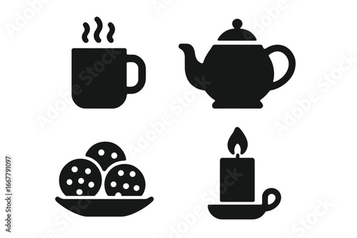Warm cozy icons solid filled icon set with steaming mug, classic teapot, plate of cookies, hot chocolate, and burning candle vector illustration on transparent background