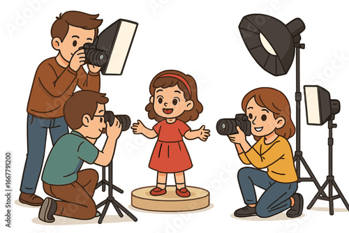 Child model photoshoot session. Cute cartoon girl posing for photographers with cameras in a photo studio. Professional equipment, lights, softbox. Vector illustration concept.