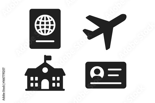 Student exchange program solid icon set. Study abroad concept. International education symbols. Vector icons of passport, airplane, school, university, and student ID card.