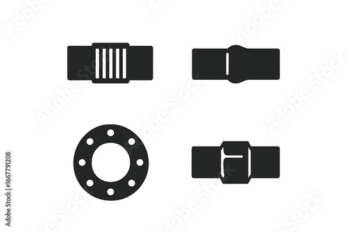 Pipe joint vector icon set. Solid glyph symbols for plumbing, industrial pipelines. Features threaded, welded, flanged, compression fittings. Construction engineering concept.