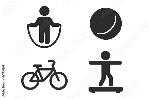 Physical activity solid icon set. Motor skills development concept. Vector icons of jumping rope, playing ball, riding bicycle, and balancing. Sports and recreation glyphs.