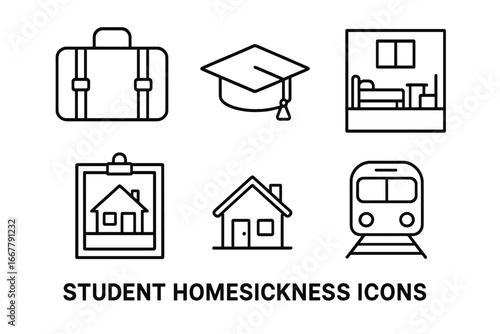 Student homesickness vector icon set. Leaving home for college. Nostalgia, loneliness, anxiety. Psychology concept. Outline symbols: suitcase, graduation cap, dorm, photo, train.