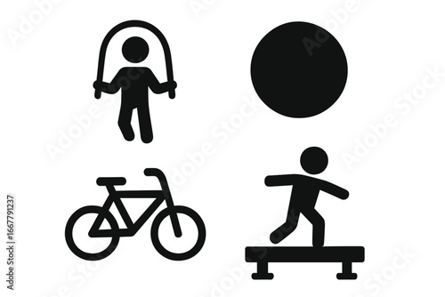Physical activity solid icon set. Motor skills development concept. Vector glyphs of jump rope, ball game, bicycle, and balance beam for fitness and health graphics.