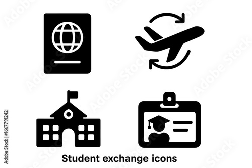 Student exchange program solid icon set. Vector icons of passport, airplane travel, university, and student ID for international education, study abroad, and mobility concepts.