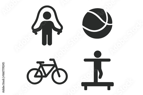 Set of physical activity and motor skills icons. Vector pictograms for sports, fitness, and healthy lifestyle. Includes jump rope, ball, bicycle, and balance beam concepts.