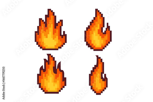 Pixel art fire and flame set. 8 bit retro video game sprites. Vector illustration collection for digital asset or icon. Cartoon bonfire animation sheet on transparent background.
