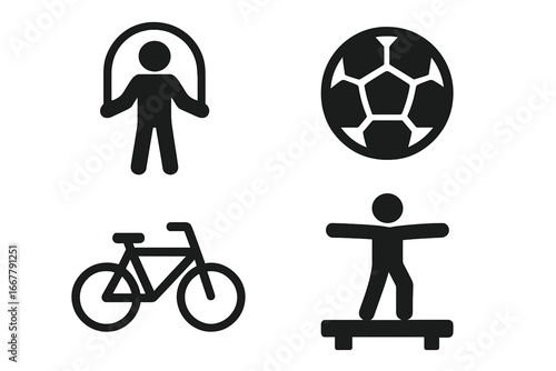 Set of physical activity icons. Sports, fitness and motor skills development symbols. Jump rope, soccer ball, bicycle and balance beam pictograms. Vector glyph collection.