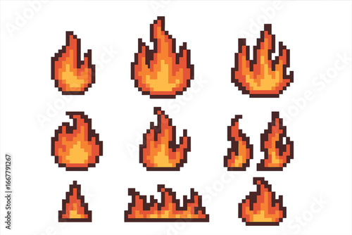 Pixel art fire sprites. 8-bit game asset collection. Flame and bonfire icon set for animation. Cartoon vector illustration of burning element. Hot digital effect design.