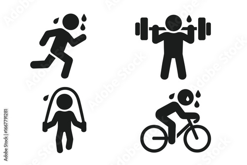 Workout and fitness icons. Solid glyph set of physical exertion activities: running, cycling, weightlifting, jump rope. Vector pictograms for sweat, cardio, sport, endurance.