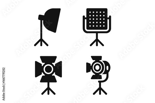 Studio lighting equipment vector icon set. Solid fill glyph collection for photography, video, and film. Softbox, LED panel, fresnel light, spotlight with barn doors.