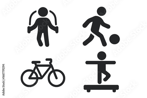 Physical activity solid glyph icons set. Motor skills development concept. Jump rope, soccer, bicycle, balance beam symbols. Sports, fitness, exercise pictograms for web design.
