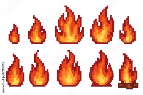 Pixel art fire and flame sprite set for games. Vector bonfire, campfire, and burning animation frames. 8-bit hot flare icon collection for digital design elements. Isolated.